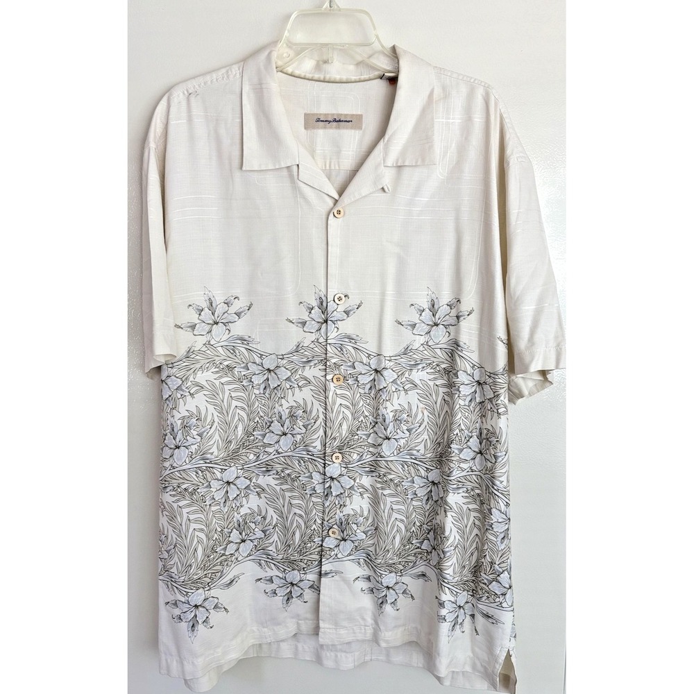 Tommy Bahama Shirt Mens XL White Silk Floral Hawaiian Button Up Camp Casual